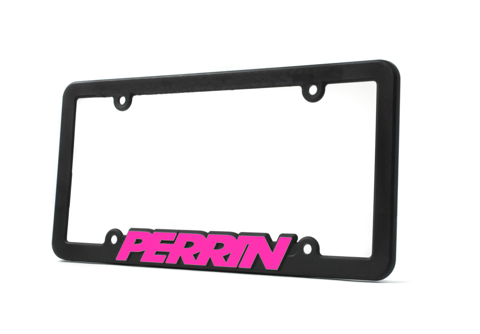 Black license plate frame featuring a prominent pink "PERRIN" logo, designed for automotive enthusiasts.