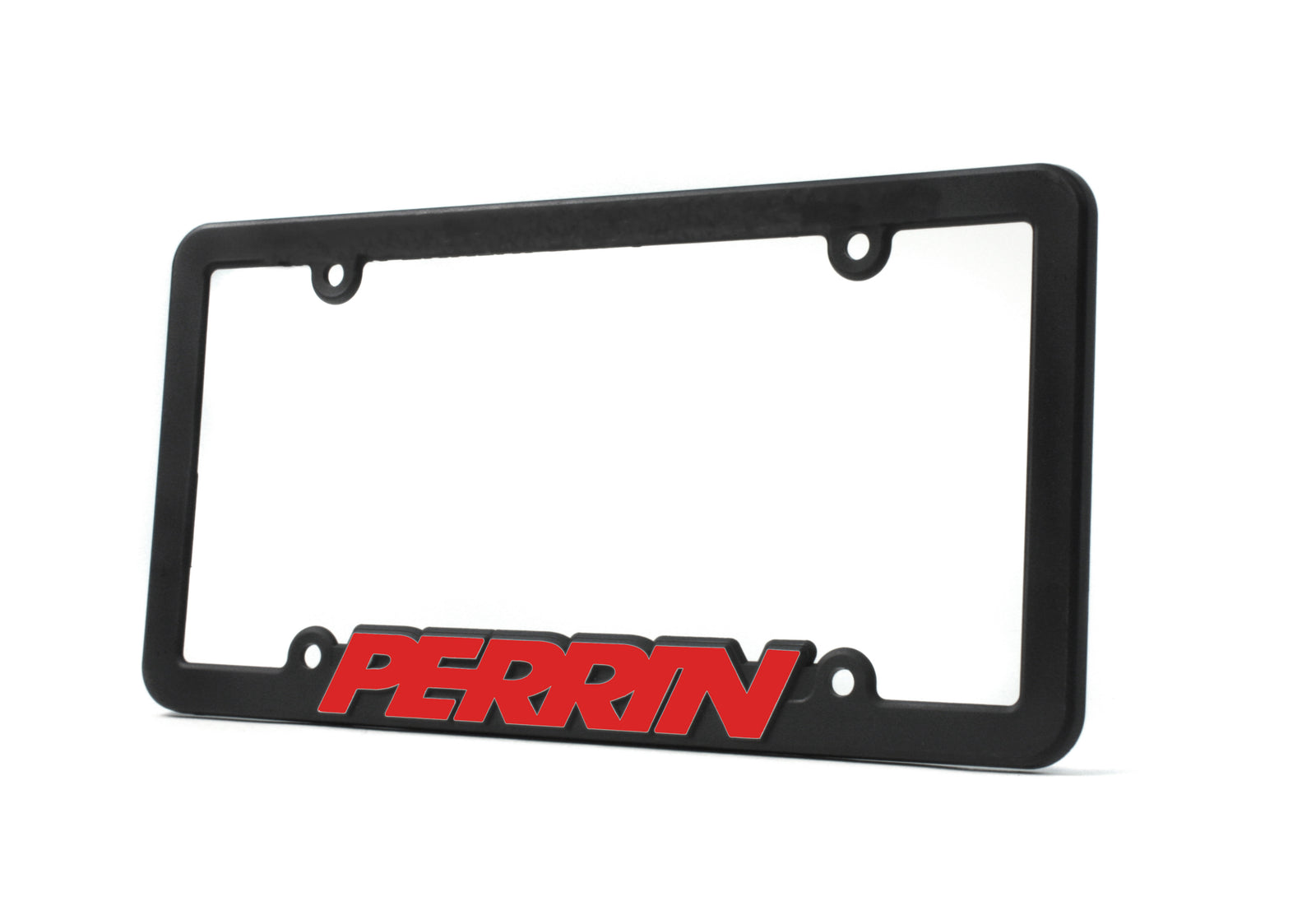 Black license plate frame featuring a bold red "PERRIN" logo, designed for automotive enthusiasts.