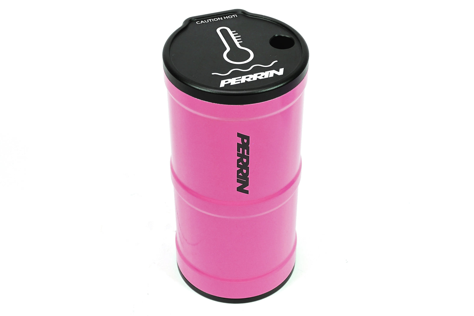 PERRIN pink coolant overflow tank with a black cap featuring a temperature gauge for Subaru, Honda, Nissan, and Toyota vehicles.