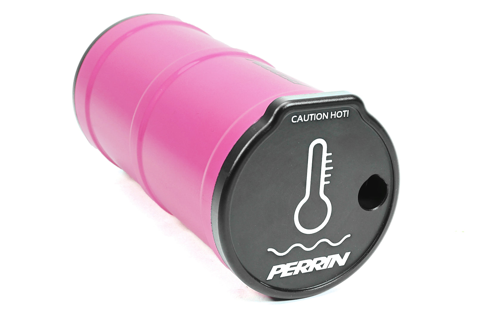 Perrin coolant overflow tank in vibrant pink with a black cap featuring a temperature gauge icon.