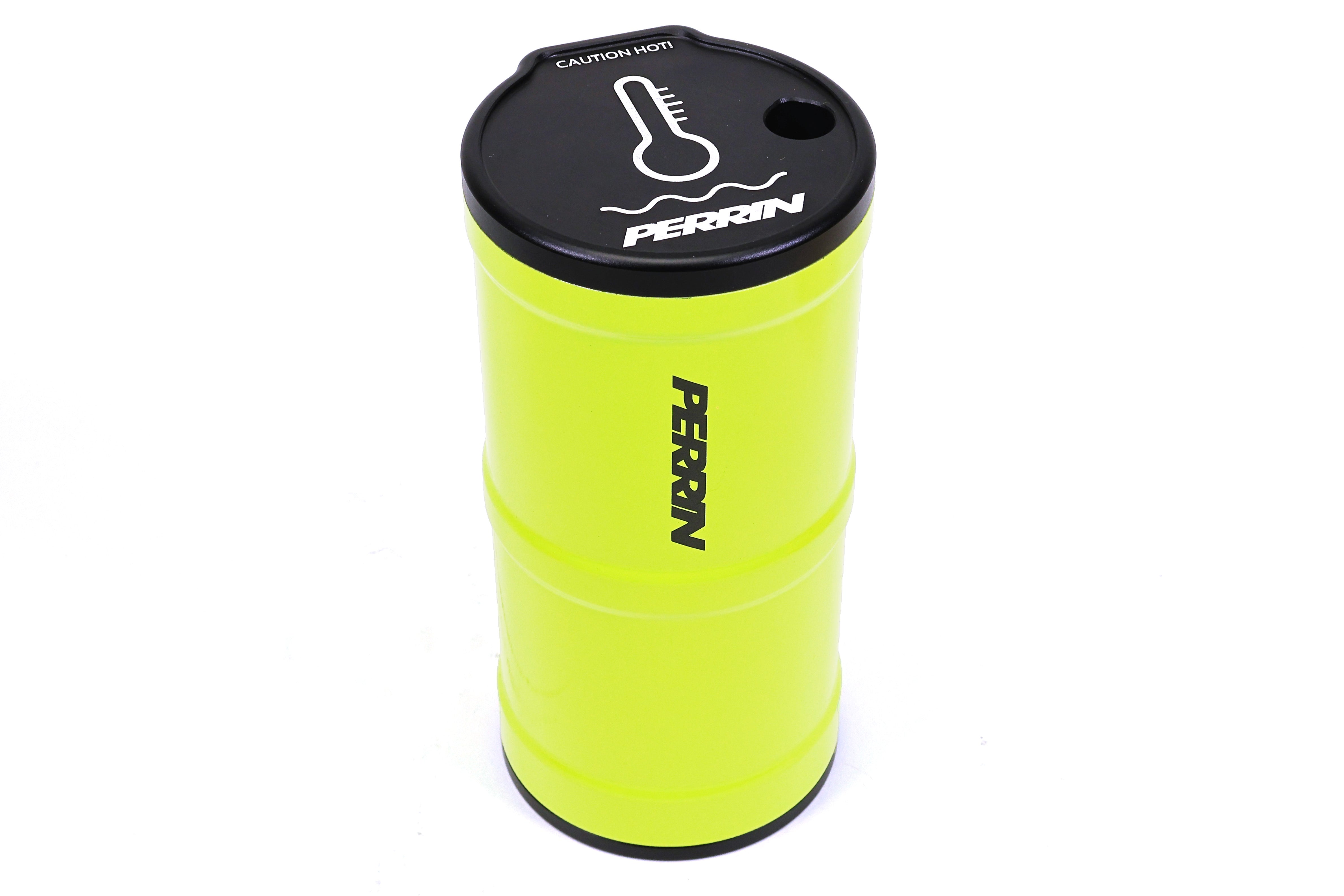 Perrin coolant overflow tank in bright yellow with a black cap, designed for performance Subaru, Honda, Nissan, and Toyota vehicles.