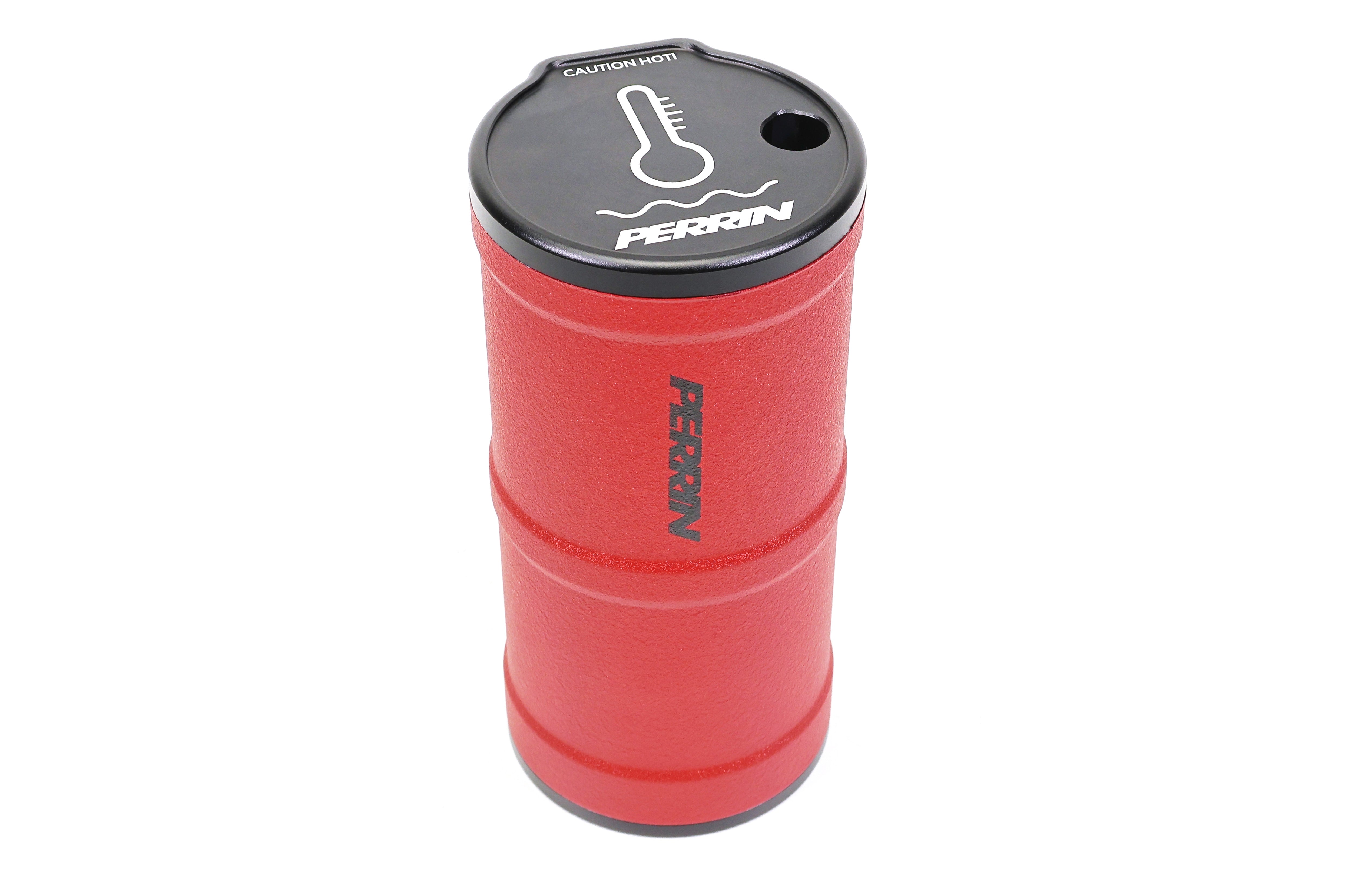Perrin red coolant overflow tank designed for performance Subaru, Honda, Nissan, and Toyota vehicles.