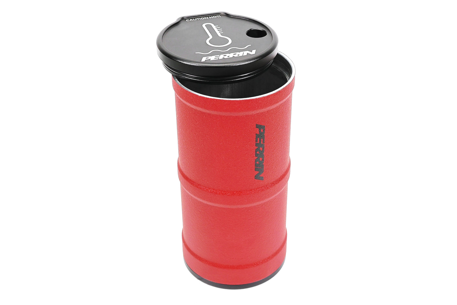 Perrin red coolant overflow tank designed for enhanced performance in Subaru, Honda, Nissan, and Toyota vehicles.