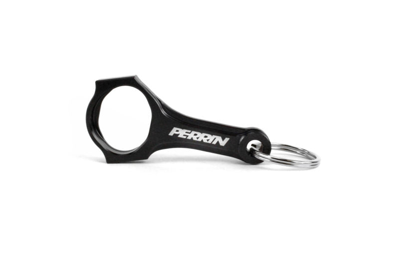 Black keychain bottle opener with a circular opening and a keyring attachment, featuring the logo "PERRIN.