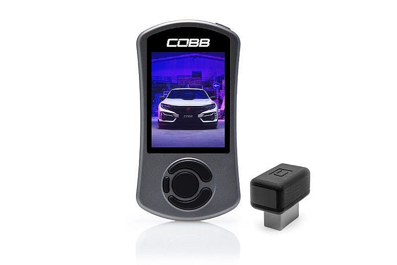Cobb AccessPORT device for Honda Civic Type R, featuring a digital display and a tuning connector.