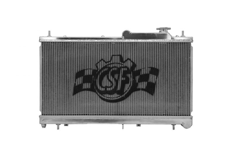 High-performance aluminum 2-row radiator designed for WRX/STI, featuring a sleek design and durable construction.