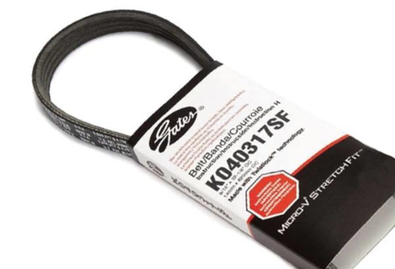 Gates Micro-V Stretch Power Steering and AC belt in packaging, featuring product details and specifications.