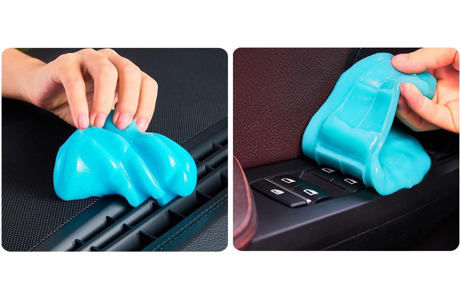 Blue cleaning putty being used on a desk and keyboard