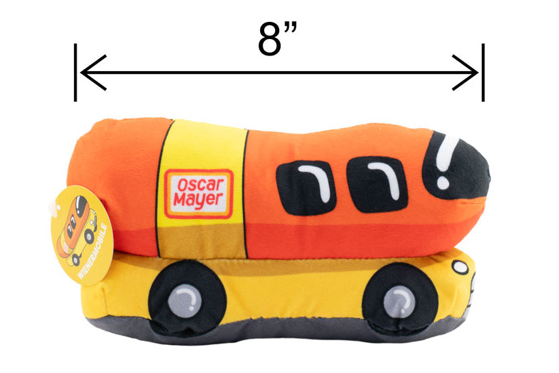 Plush toy resembling an Oscar Mayer Wienermobile with a measurement label indicating 8 inches.