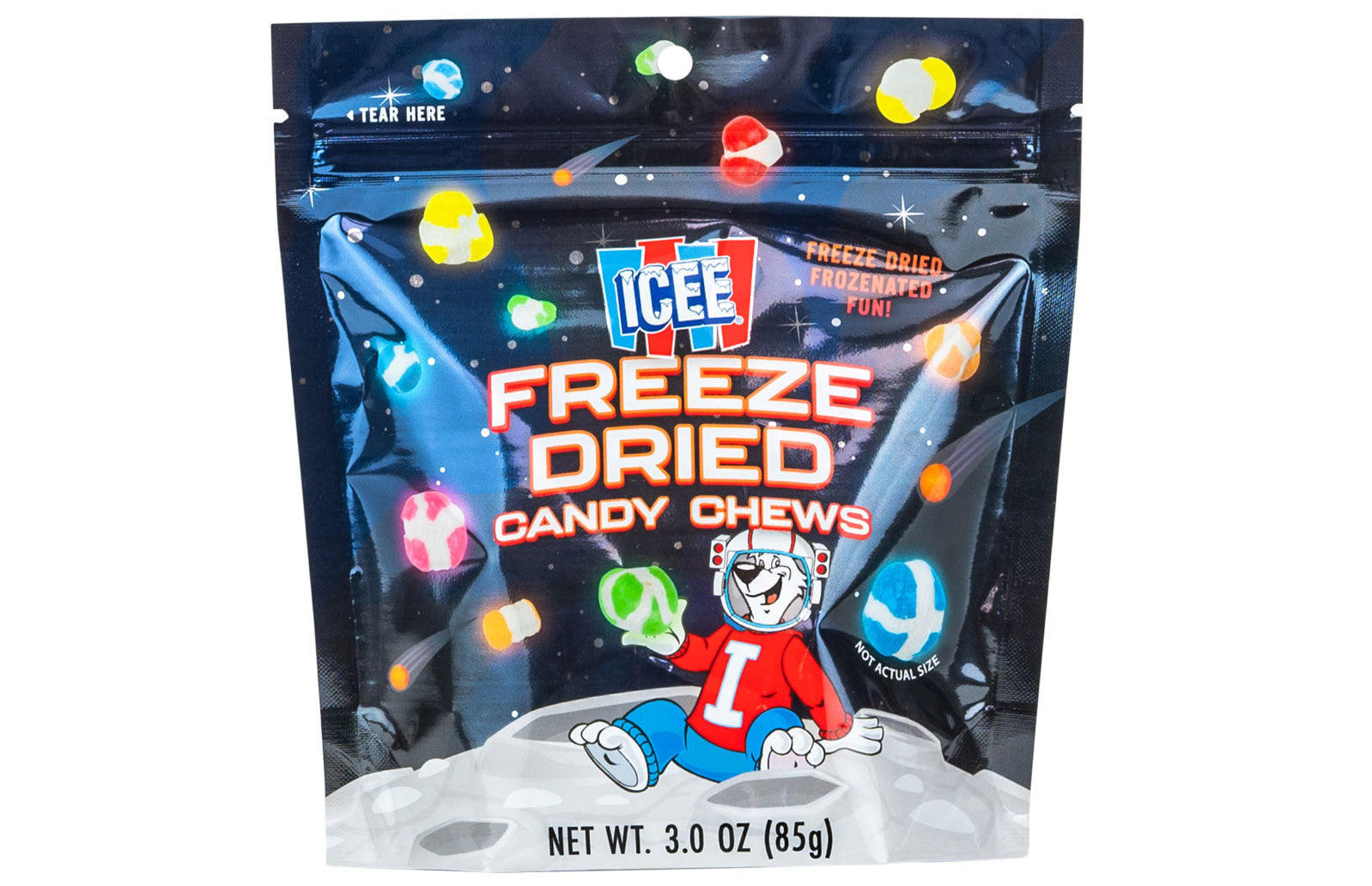 Packaging of Icée Freeze Dried Candy Chews with cartoon character on a white background