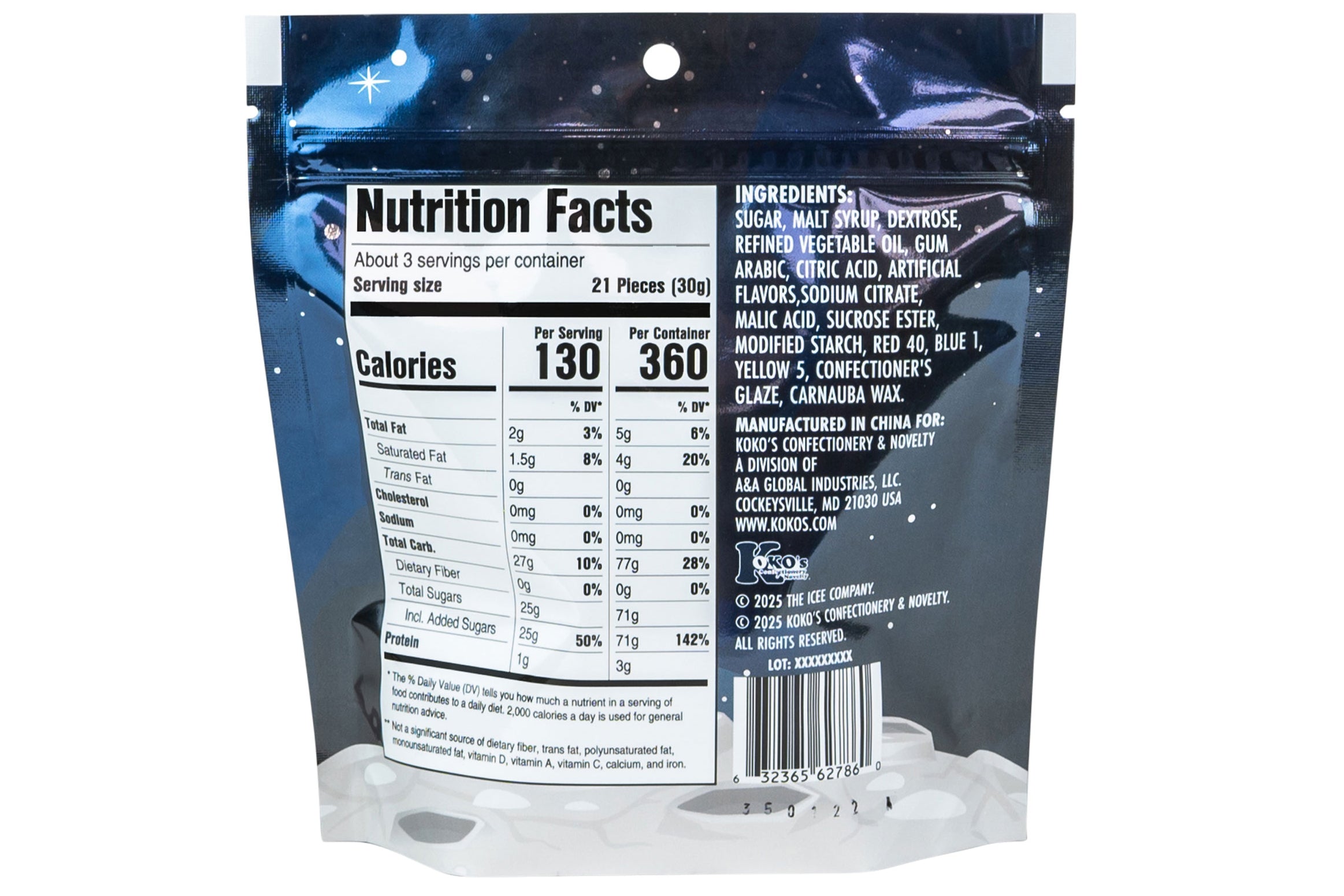 Nutrition facts label on a packaged product with a blue background