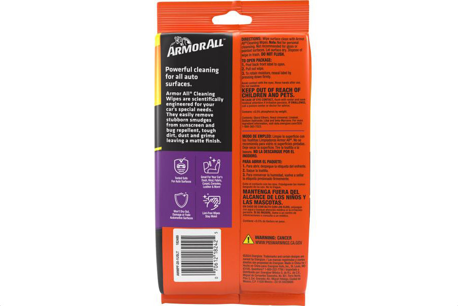 Back of an Armor All cleaning wipes packet on a white background
