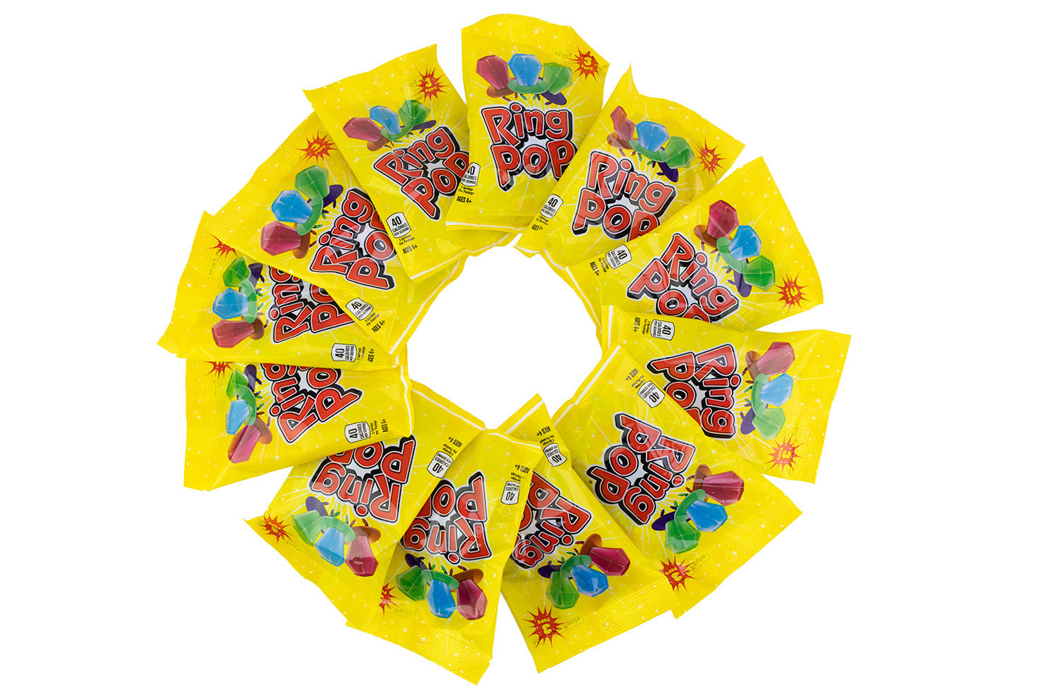 Ring Pop candy packages arranged in a circular pattern on a white background