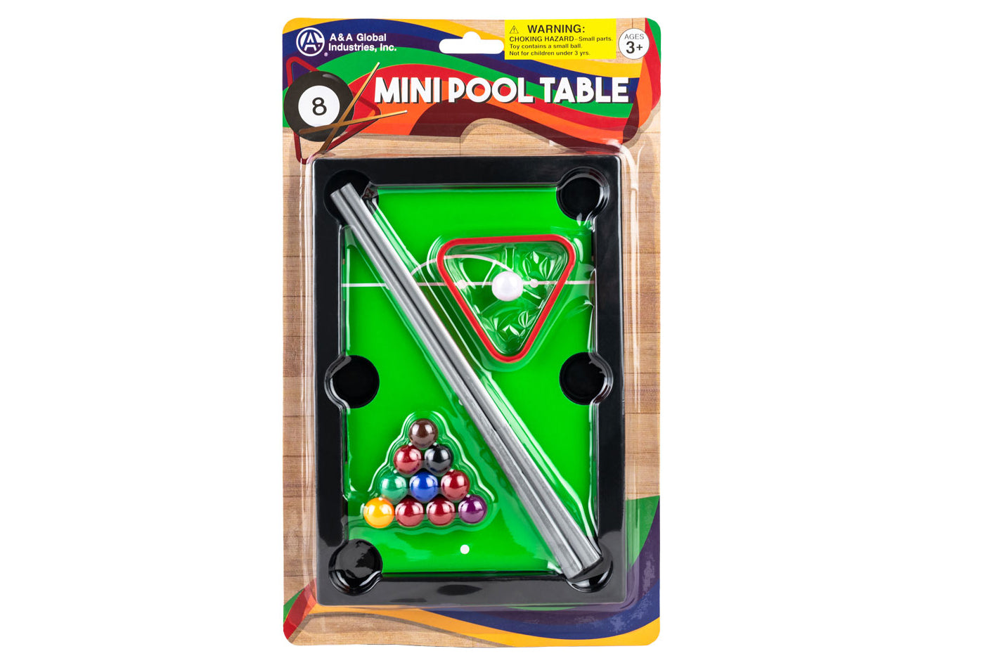 Mini pool table set with accessories in packaging on a white background