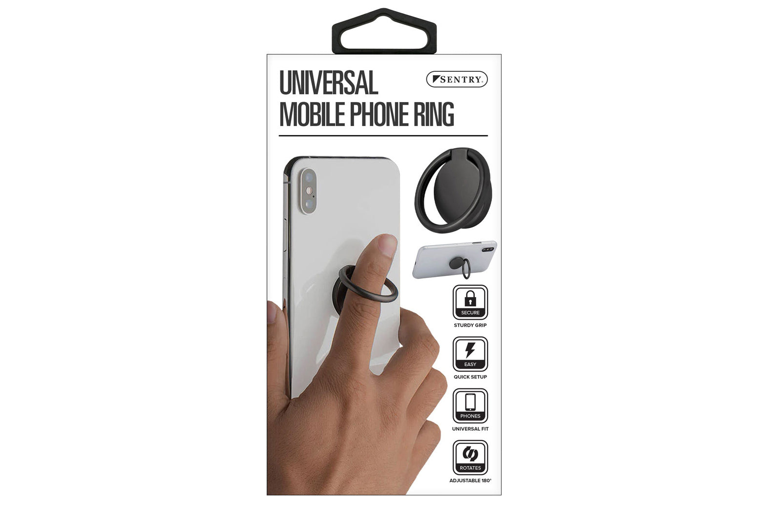 Packaging of a universal mobile phone ring with a hand holding a phone and ring.