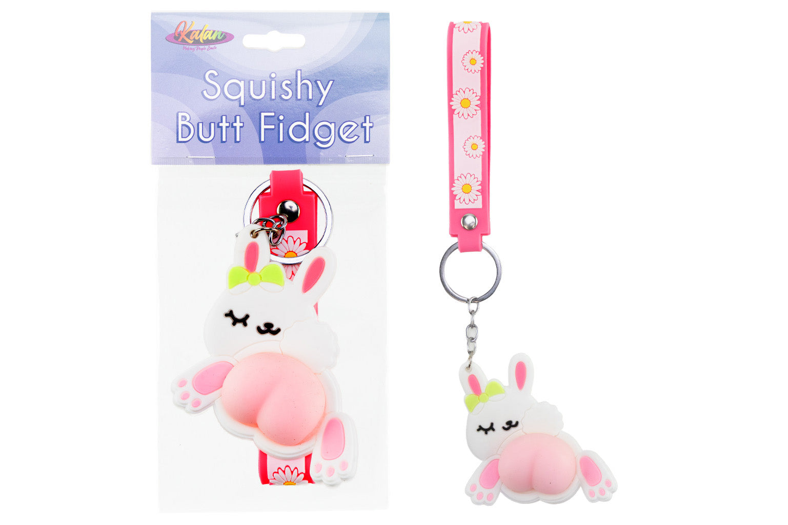 Squishy butt fidget toy with packaging on a white background
