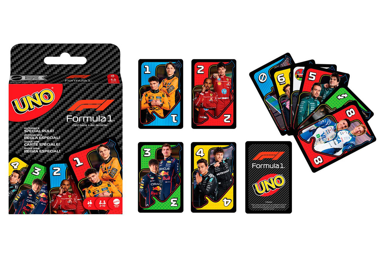 Formula 1 themed UNO card game packaging with cards displayed on a white background