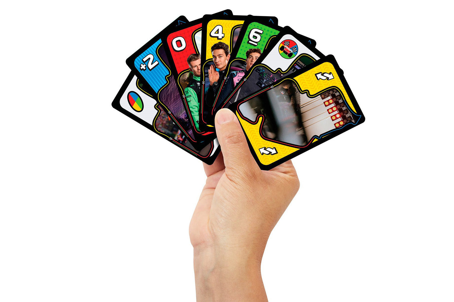 Hand holding a set of playing cards with colorful designs on a white background