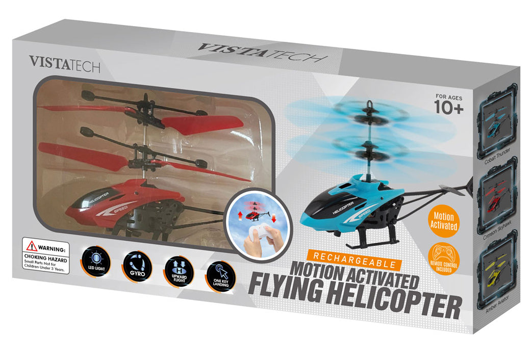Motion activated flying helicopter in packaging on white background
