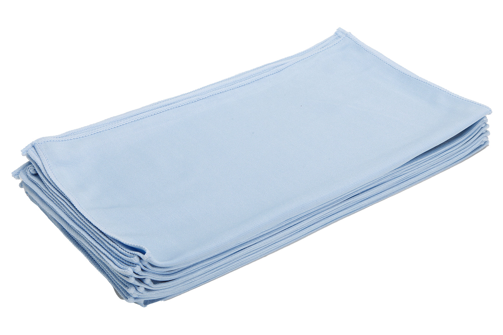A stack of blue microfiber cleaning cloths on a white background