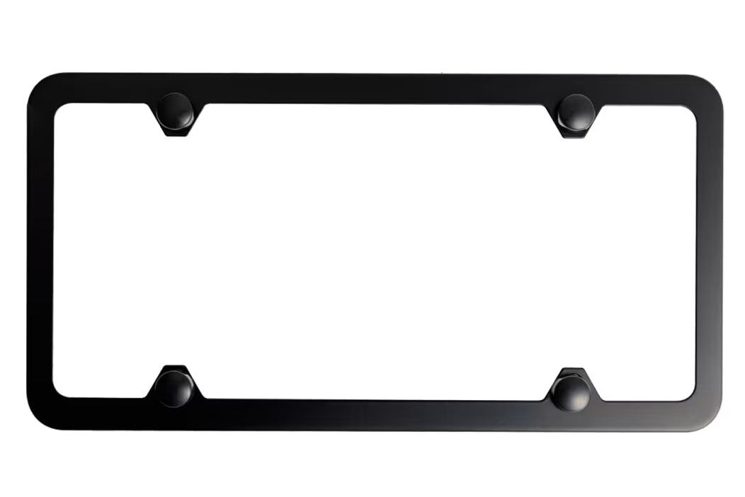 Black stainless steel license plate frame on a white background