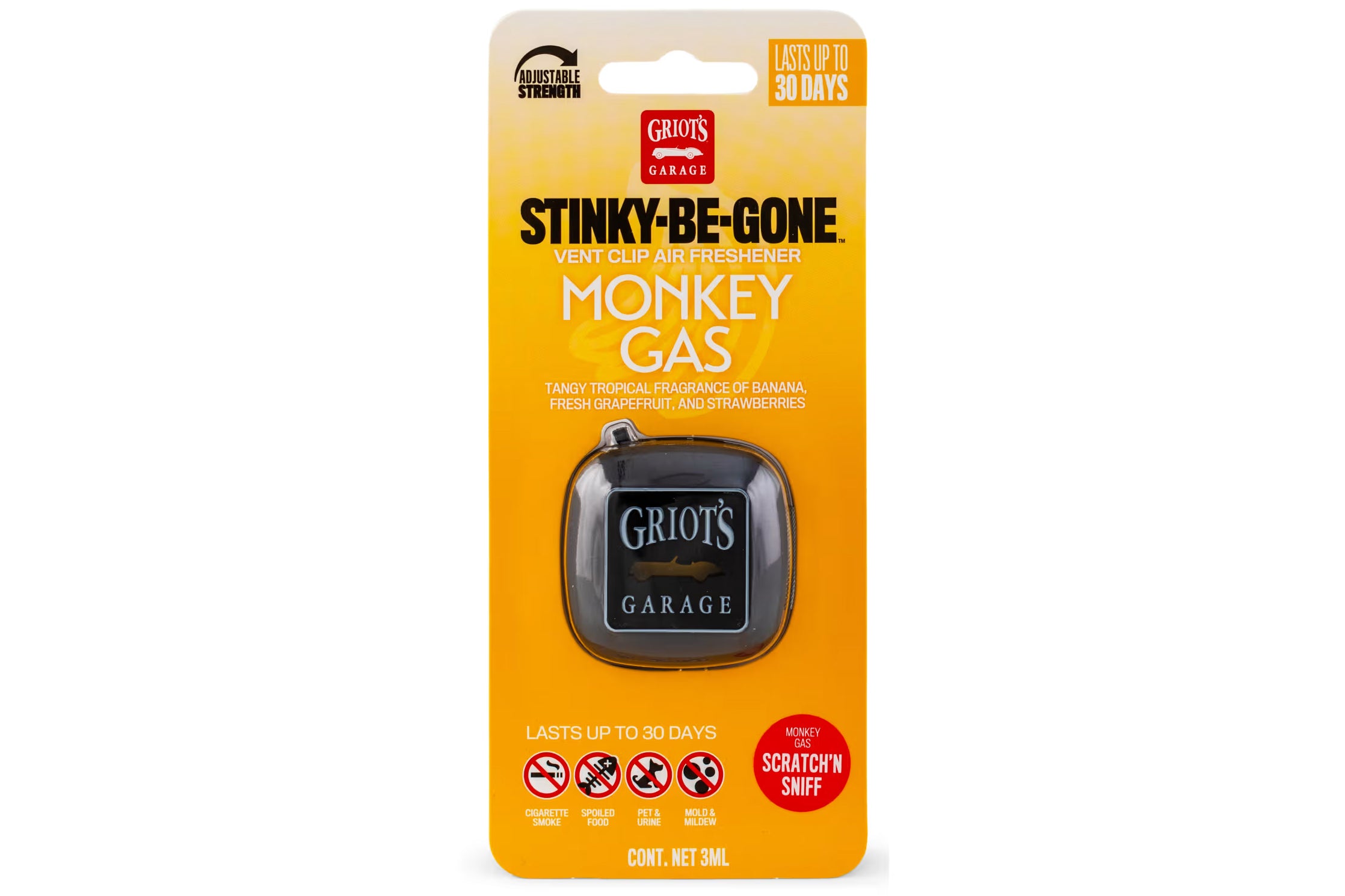 Packaged product for 'Stinky-Be-Gone Monkey Gas' with yellow background and black text.