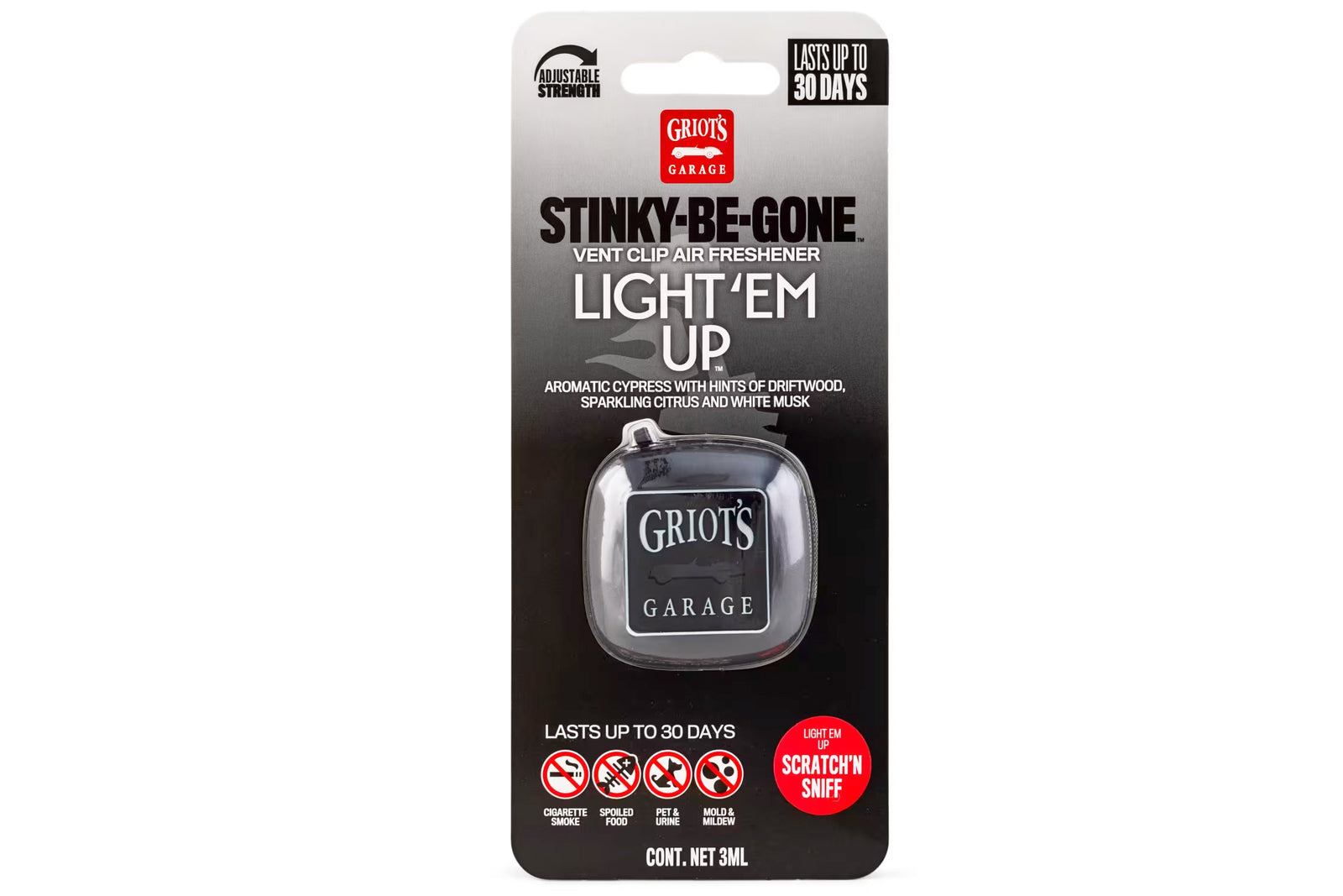 Griots Garage Stinky Be Gone vent clip air freshener packaging on a white background