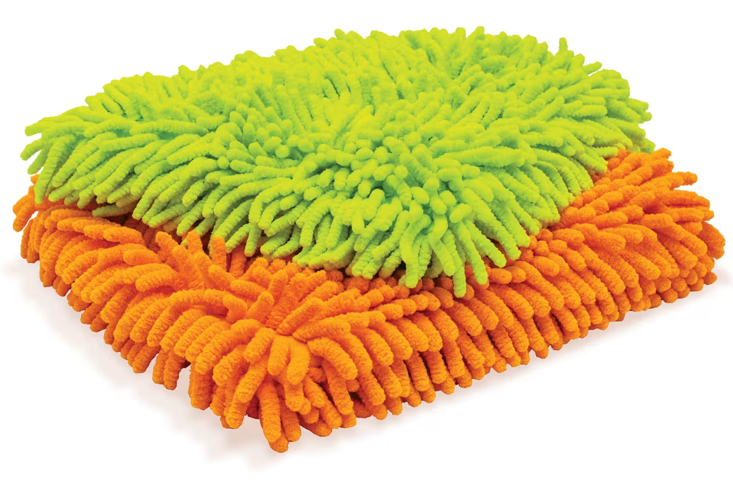 Two microfiber cloths, one green and one orange, on a white background.