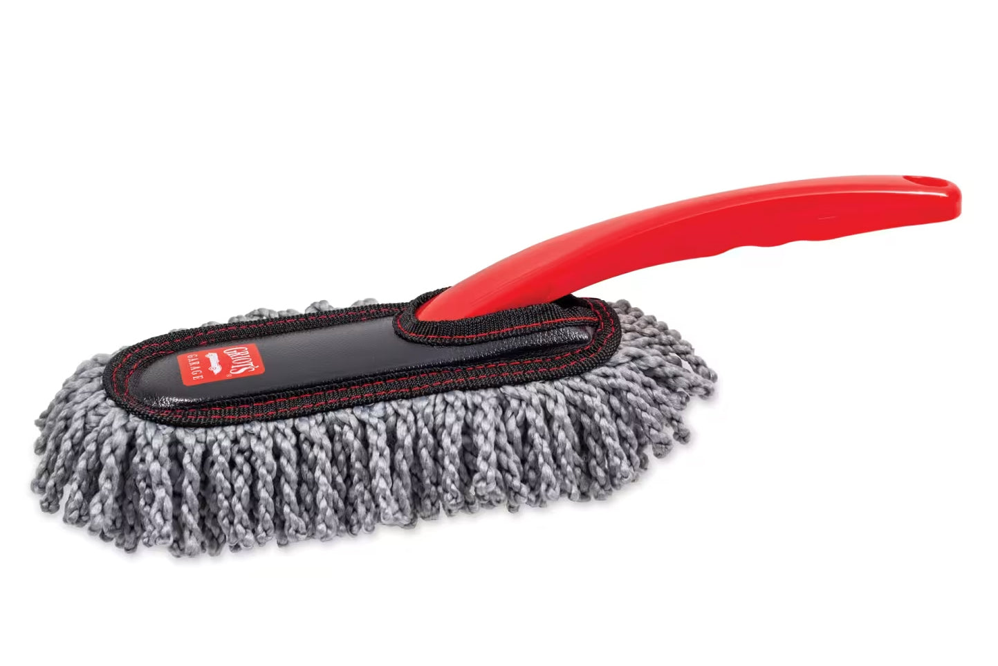 Car cleaning brush with red handle and gray bristle head on a white background