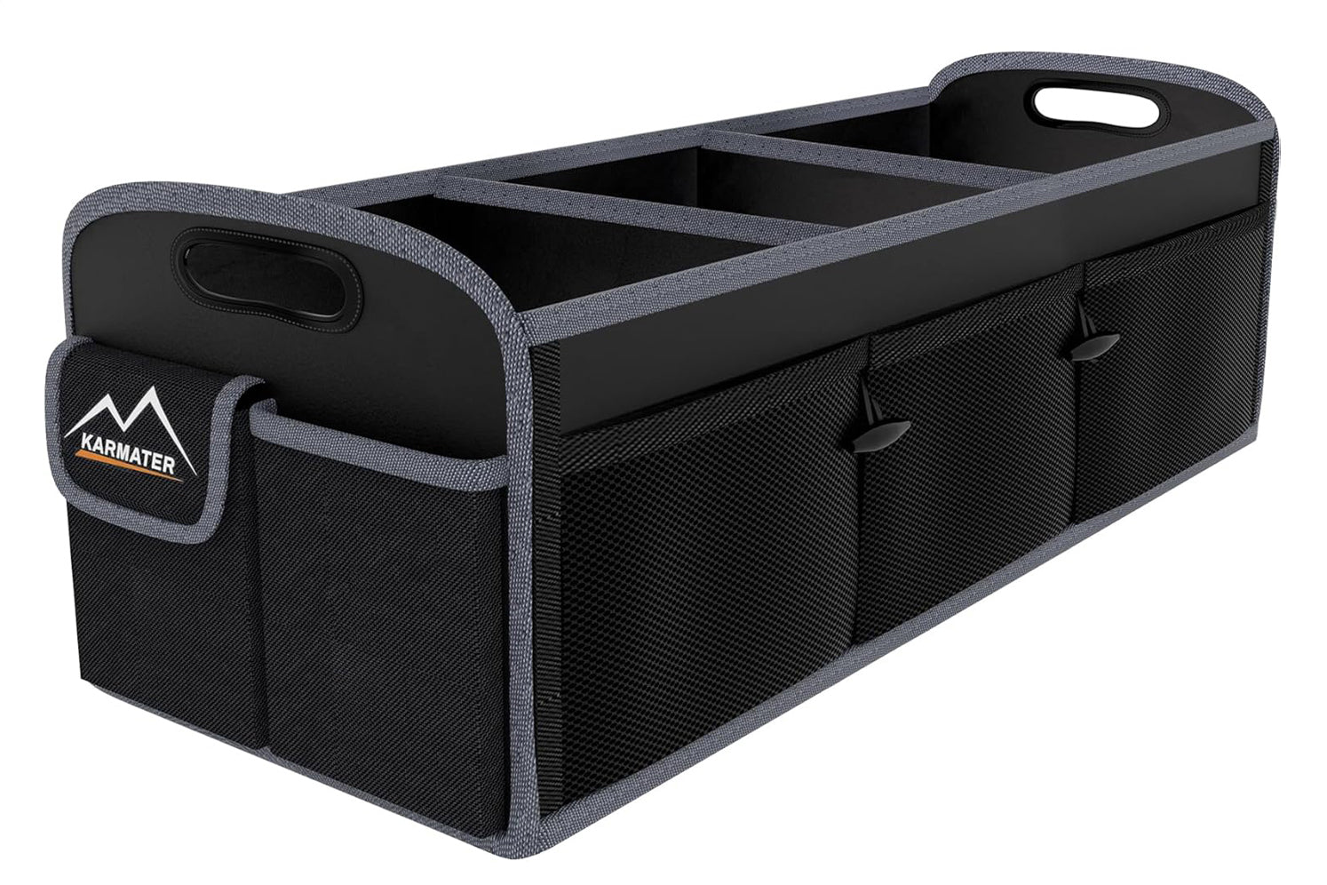 Black car trunk organizer with multiple compartments on a white background