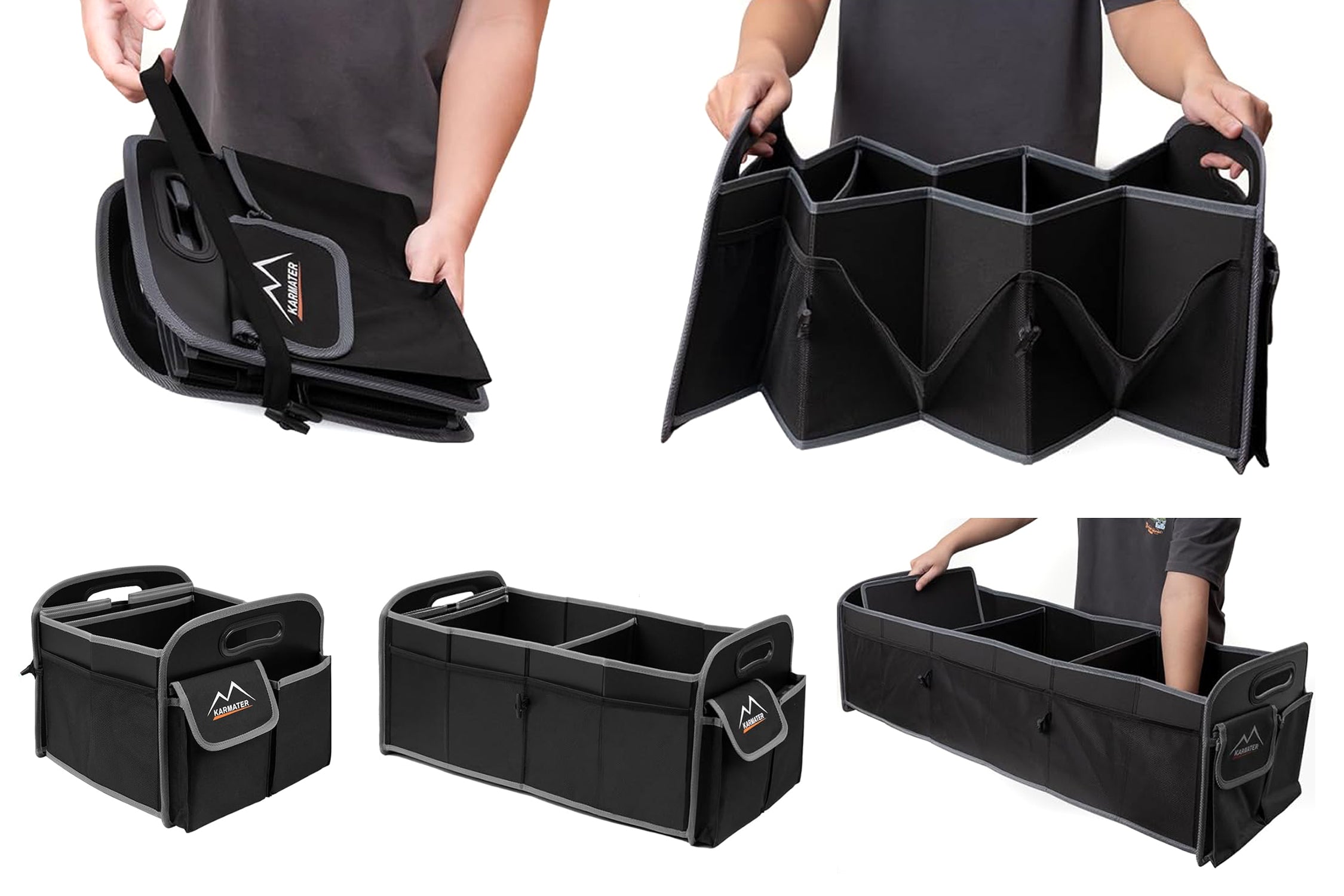 Black car organizer in various stages of being unfolded and held by a person.