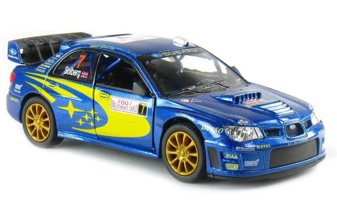 Blue and yellow model car on a white background
