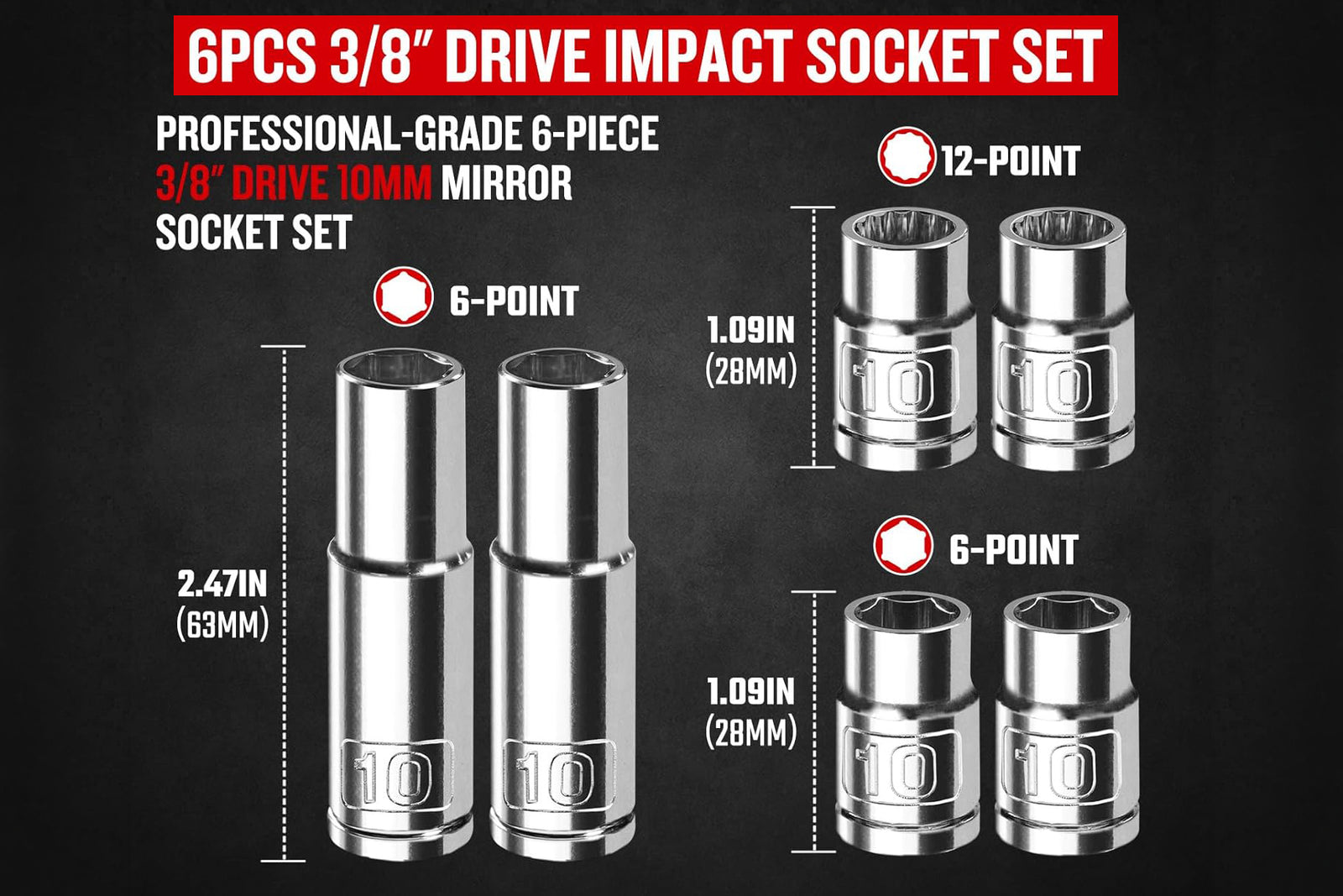 6-piece 3/8" drive impact socket set with measurements and specifications on a dark background
