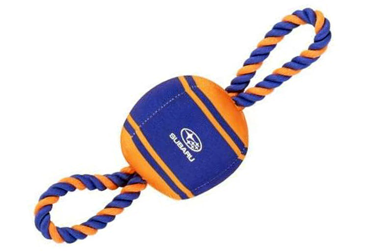 Blue and orange dog toy with a rope and Subaru logo on a white background