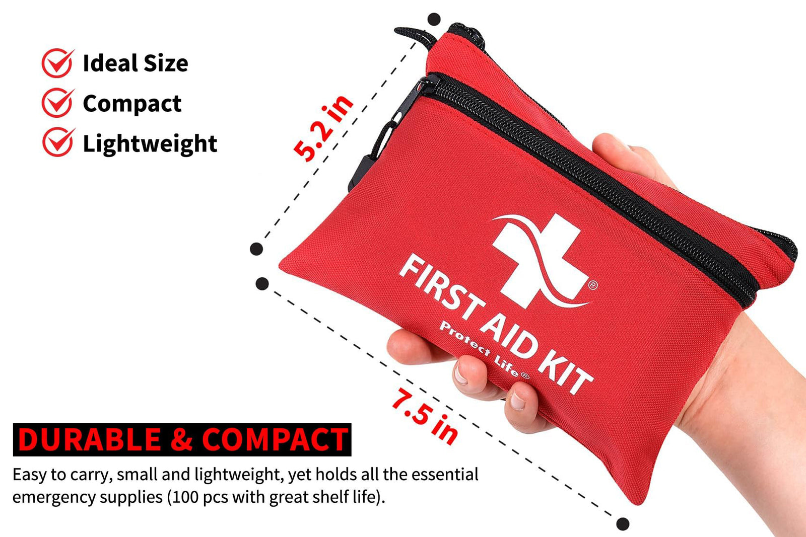 Red first aid kit held by a hand with dimensions and features listed.