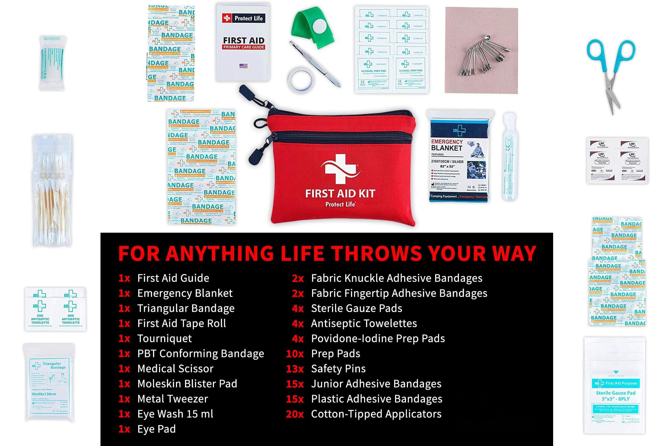 Collection of first aid kit contents including bandages, scissors, and a red pouch on a white background.