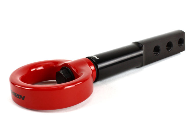 Red tow hook for Honda vehicles, featuring a sturdy black mounting arm with multiple bolt holes for secure installation.