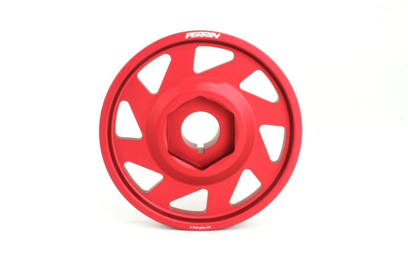 Lightweight red crank pulley for Honda Civic Type R, featuring a sleek design with cutouts for reduced weight.