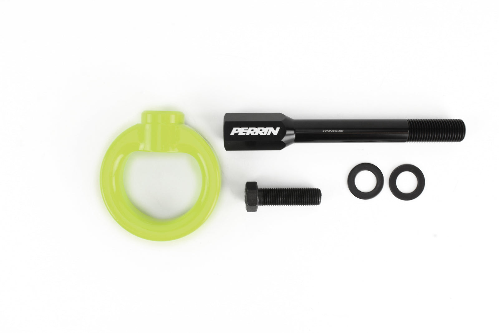 Front tow hook kit for 2002-2007 WRX, STI, and Impreza, featuring a bright green ring and durable black hardware.