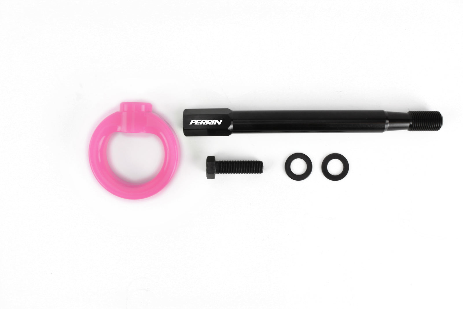 Front tow hook for 2008-2014 WRX, STI, Legacy, and Impreza, featuring a pink ring and black mounting hardware.