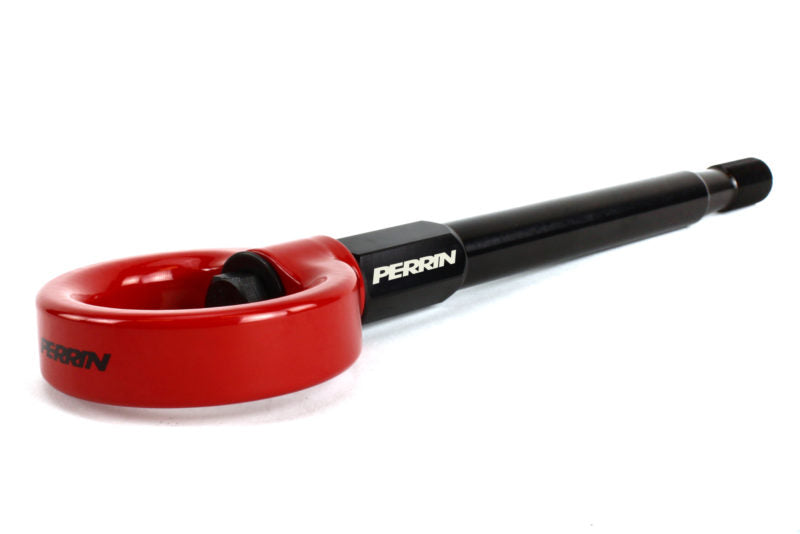 Red tow hook with a black mounting shaft, designed for Subaru Legacy vehicles, featuring the Perrin logo.