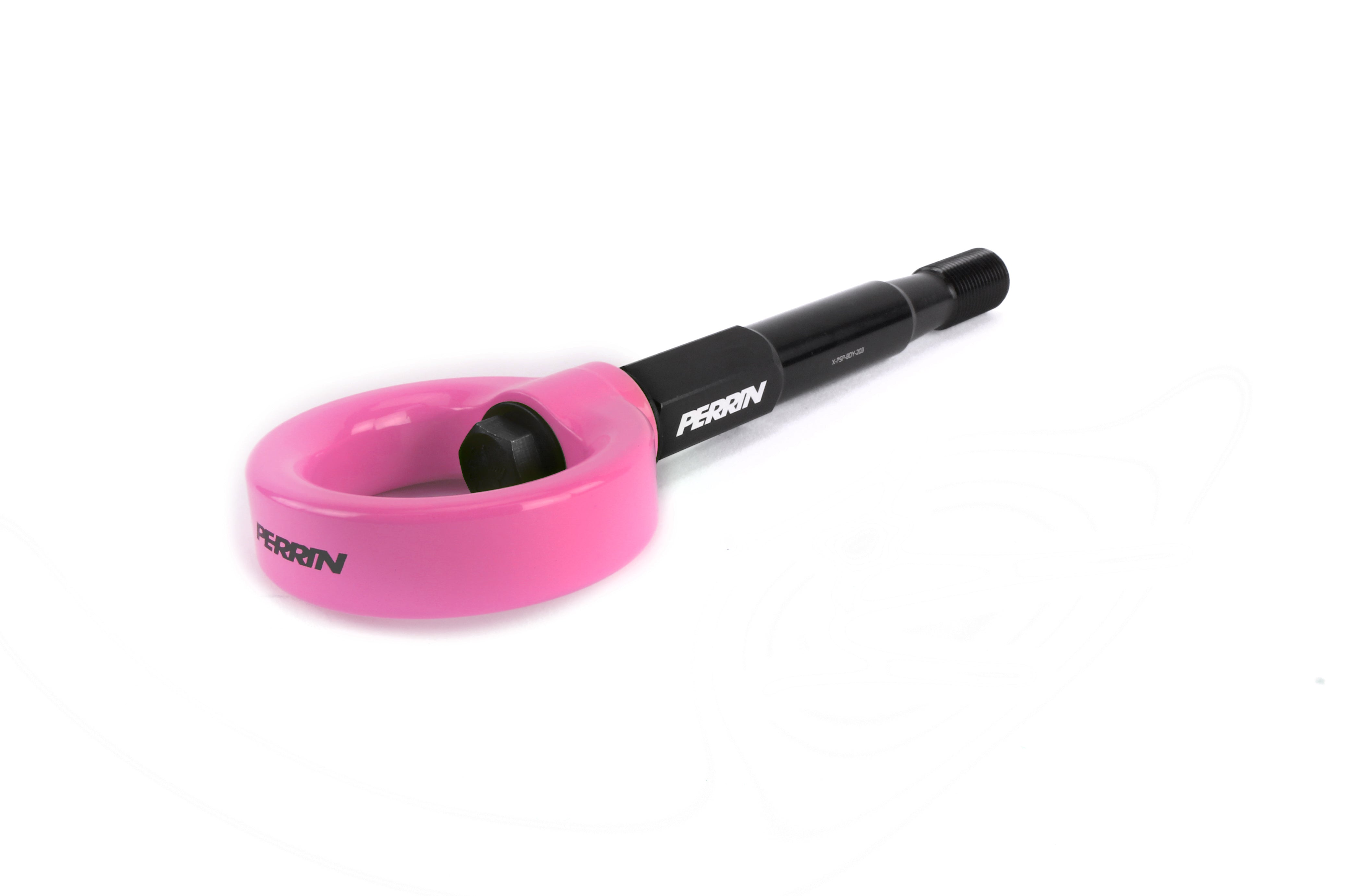 Front tow hook for 2013-2017 Subaru Crosstrek, featuring a durable black shaft and vibrant pink loop for enhanced visibility.