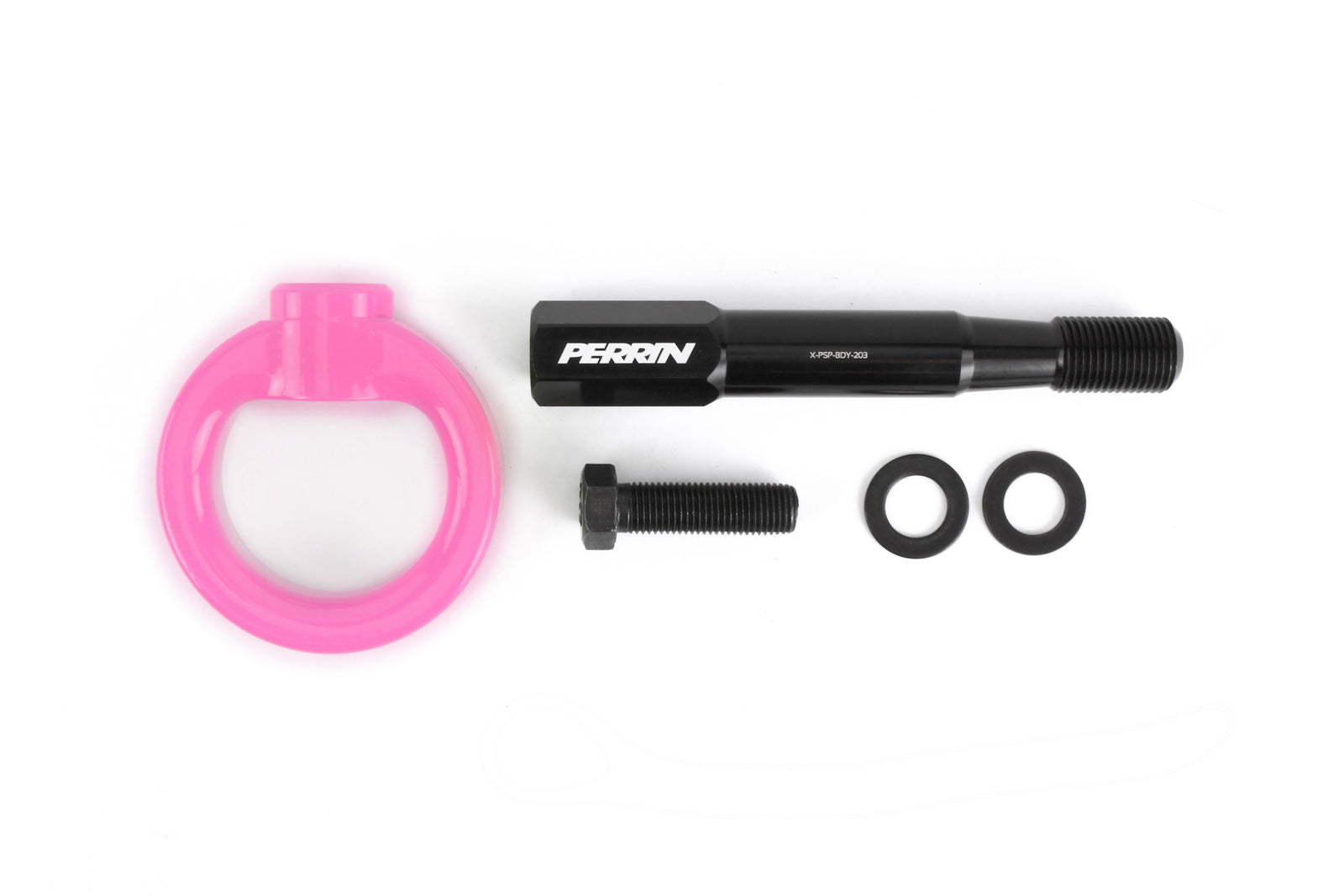 Front tow hook kit for 2013-2017 Subaru Crosstrek, includes pink hook, black bolt, and washers for easy installation.