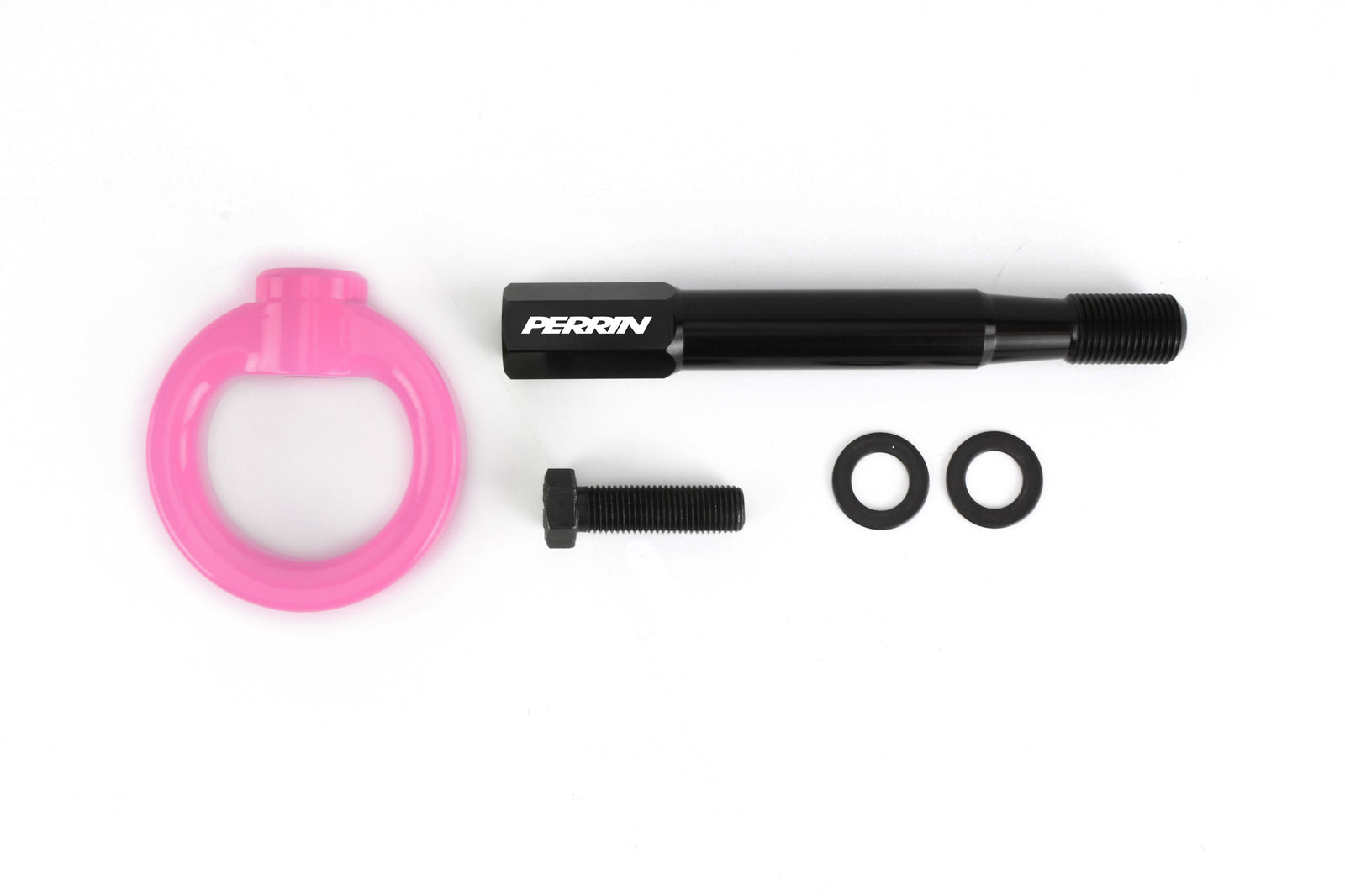 Front tow hook kit for 2018-2021 WRX, STI, BRZ, FR-S, 86 includes pink tow hook, bolt, and washers for easy installation.