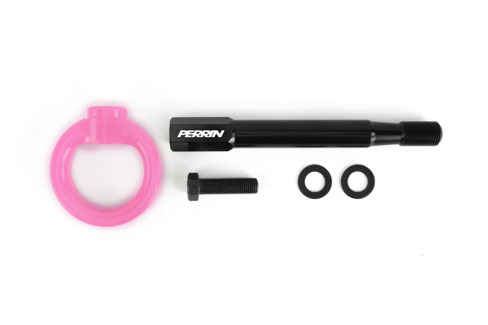 Perrin front tow hook for 2022-2025 Subaru WRX, Forester, Outback, Crosstrek, and Impreza with mounting hardware.
