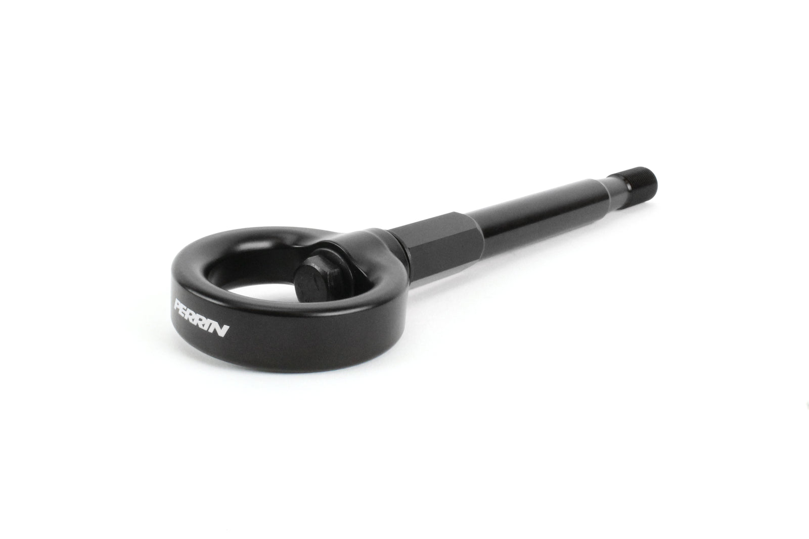 PERRIN Front Tow Hook for Subaru Forester in black, angled studio shot showing hook and black stem