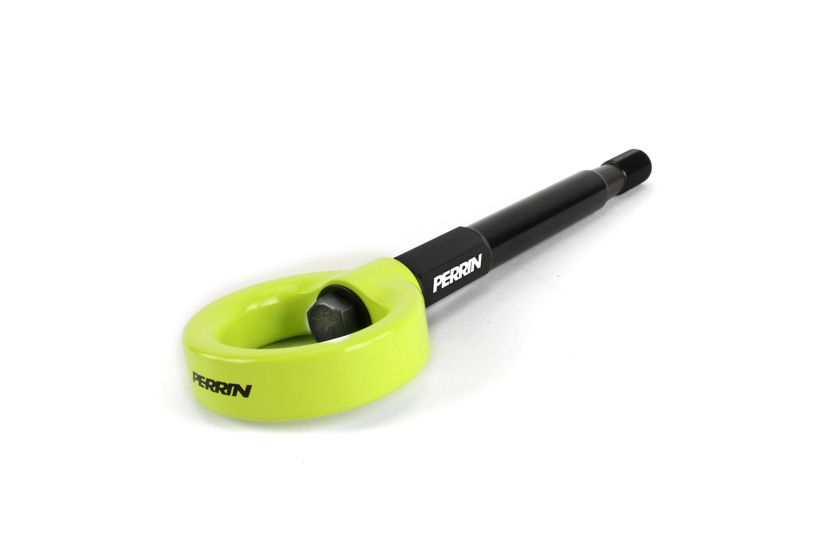 PERRIN Front Tow Hook for Subaru Forester in neon yellow, angled studio shot showing hook and black stem