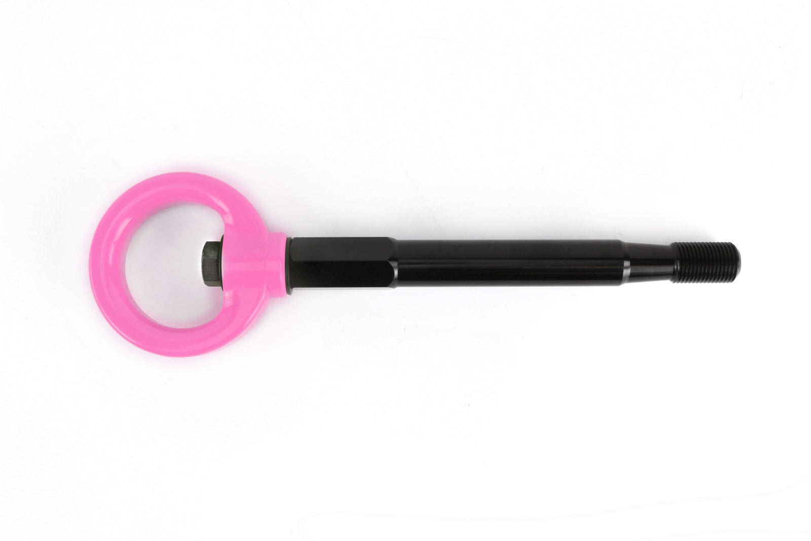 Rear tow hook for 2008-2014 Subaru WRX, STI Sedan, and Outback, featuring a durable black shaft and pink ring.
