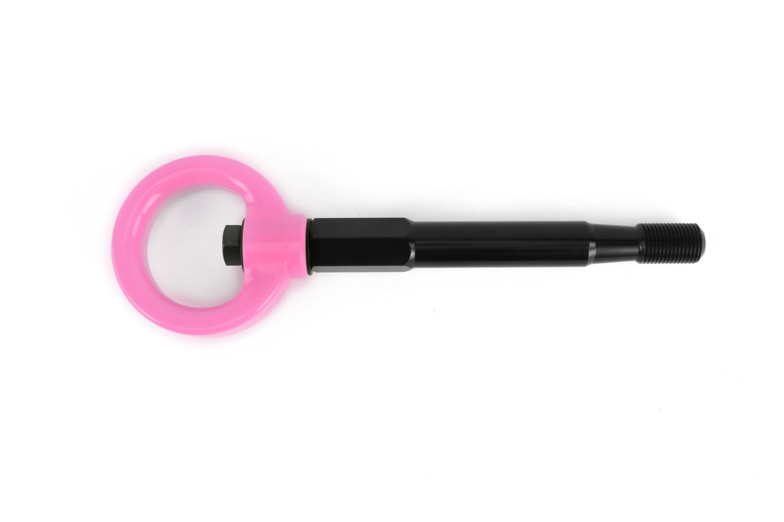 Rear tow hook for 2015-2017 WRX and Crosstrek, featuring a durable black shaft and vibrant pink ring.