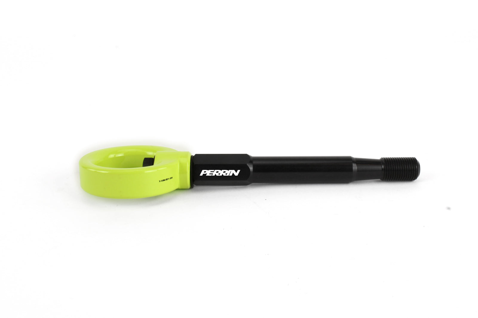 PERRIN rear tow hook for 2014-2019 Subaru Forester and Ascent, featuring a bright green loop and durable black shaft.